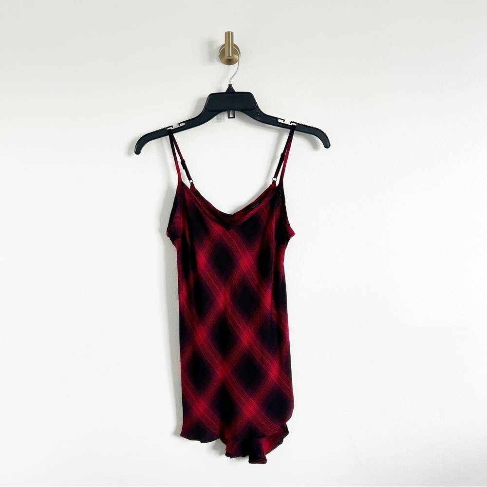 Vtg Y2K Wet Seal Rayon Red & Black Plaid Side Slit Tank Top Size Small (S)